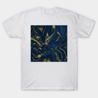 Gold Faux Glitter & Navy Blue Marble Abstract Art T-Shirt